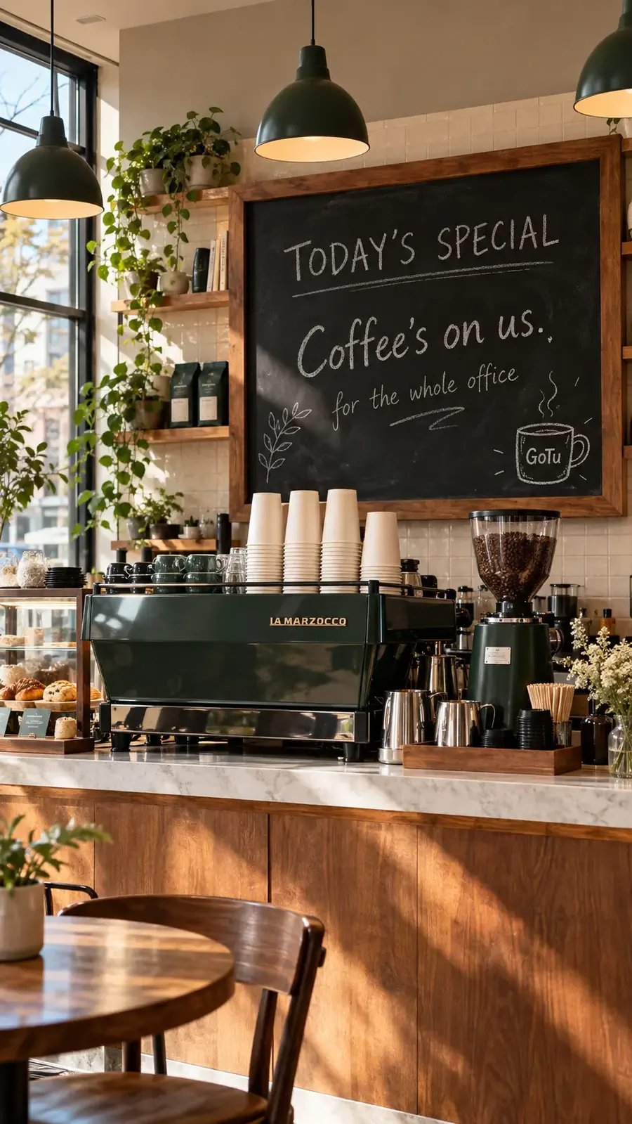 A warm GoTu coffee shop counter with a chalkboard menu, espresso machine, and pastries
